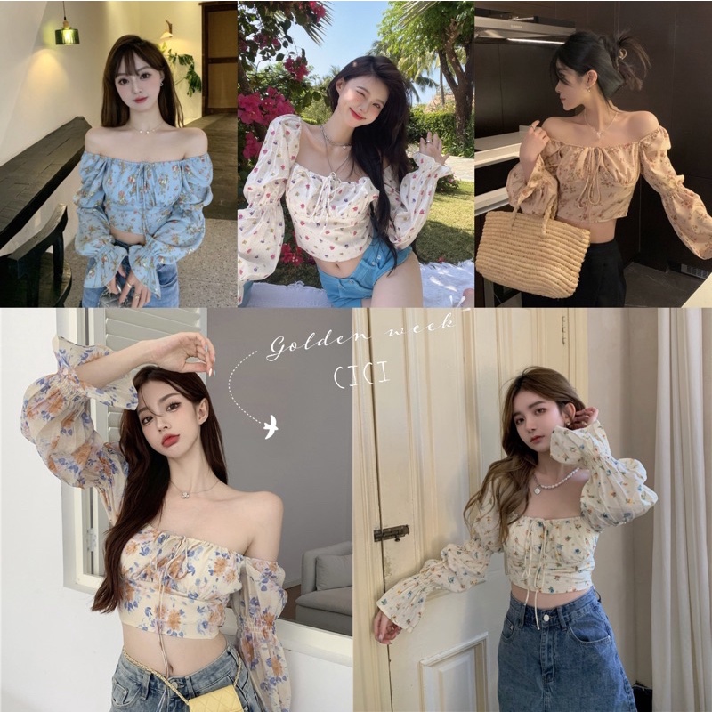 ส่งทันที Cici ❣ พร้อมส่ง❣(NO.355)เสื้อครอปปาดไหล่แขนยาวใส่แขนตกก็ได้มีแขนก็ดี แต่งจั้มแขน ลายดอกผูกเชือกอกปังสุด