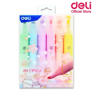 Deli U12-6C Highlighter Pastel ปากกาไฮไลท์สีพาสเทล ขนาด 1-4mm สุดน่ารัก แพ็ค 6 แท่ง 6 สี เครื่องเขียน ปากกาเน้นข้อความ ไฮไลท์