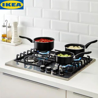 IKEA KAVALKAD คาวอลคอด หม้อด้ามชุด 3 ชิ้น, ดำ ผลิตจากอะลูมิเนียมเคลือบสารกันติด Teflon ขนาด: 1 ลิตร 1.5 ลิตร และ 2 ลิตร