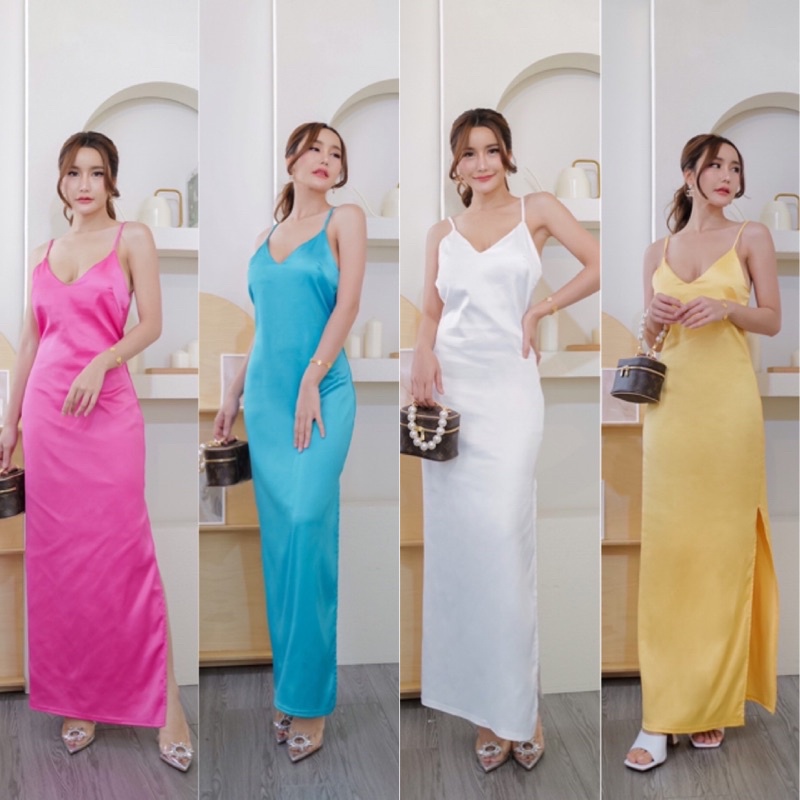 Hot summer แม็กซี่เดรสซาตินเปิดหลังสีสันสดใส พร้อมส่ง