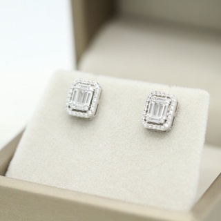 OriginLuv ต่างหูเพชรประกบทรง Emerald Cut ล้อมเพชร ต่างหูเงินแท้925 ชุบทองคำขาว18K ฝังเพชรสวิส CZ (ขนาด 1กะรัต)