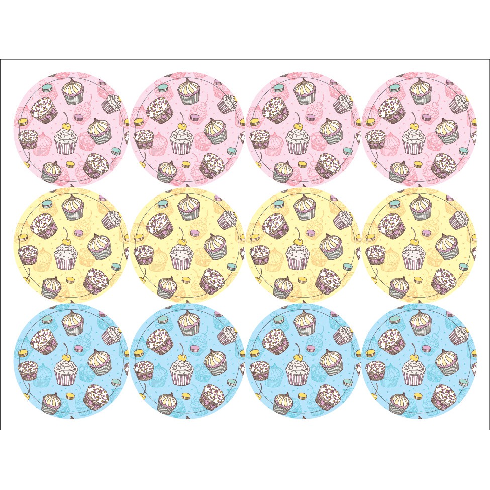 Idopackage -(STK23) สติกเกอร์ตกแต่ง Cupcake ขนาด/ดวง 3.5 cm. 1แผ่นมี 12 ดวง  บรรจุแพ็คละ 5 แผ่น/60 ดวง