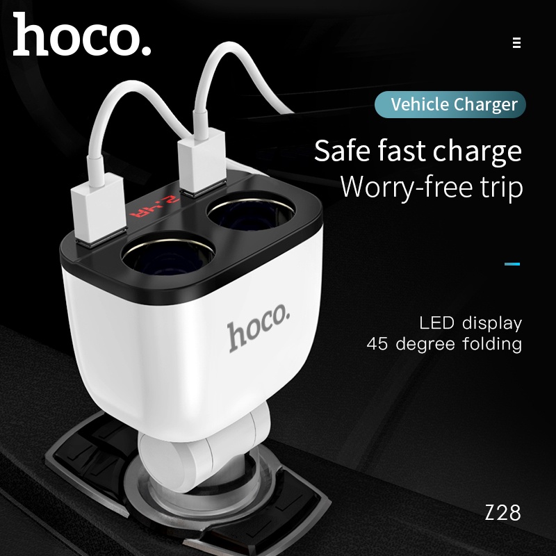 HOCO 160W Car Charger Dual ไฟแช็กซ็อกเก็ต Dual USB Car-Charger Adapter พร้อมจอแสดงผล LED 45 องศา