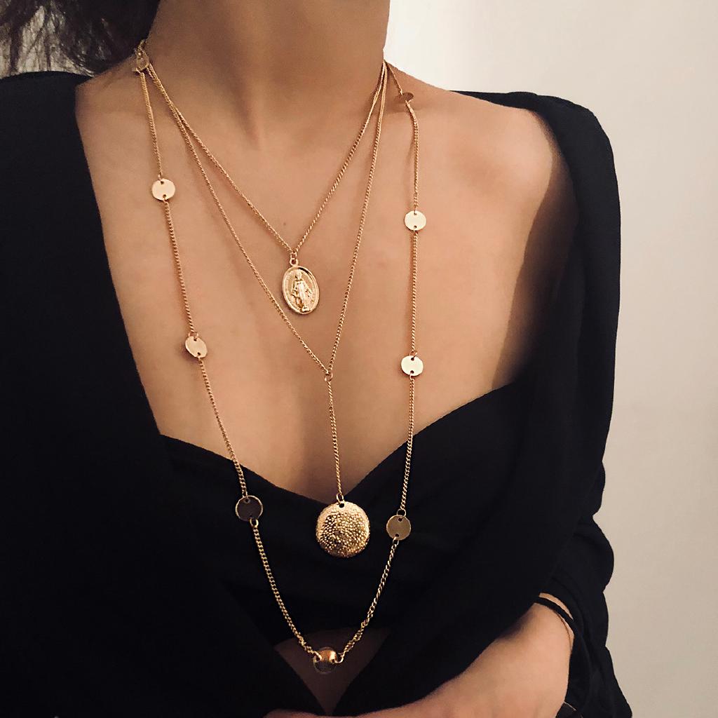 Vintage Women Gold Plated Metal Circle Disc Coin Sequin Pendant Multilayer Chain Necklace