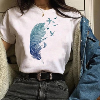 เสื้อยืดวินเทจ เสื้อยืดผู้หญิง Vrouwen Grafische Dier Veer Vogel Afdrukken Leuke Mujer Camisetas Print Kleding Lady Tees