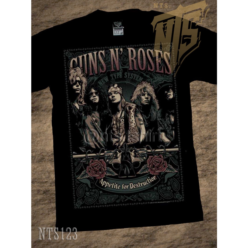 NTS 123 GNR Guns N' Roses ROCK เสื้อยืด ลายวงดนตรี ซิลค์สกรีน ผ้าคอตตอนหนานุ่ม ไม่หดไม่ย้วย สีดำ S M L XL XXL