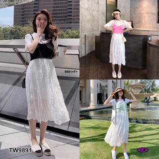 J9891 Set เสื้อแขนสั้น + เอี๊ยมเดรสกระโปรงพลีท