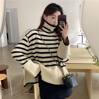เสื้อกันหนาว คอเต่า แขนยาว ทรงหลวม ผ่าข้าง สําหรับผู้หญิง