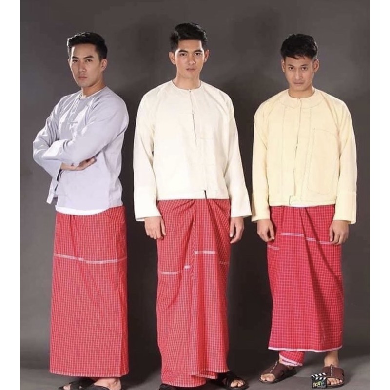 โสร่งมอญสีแดง ผ้าฝ้ายทอลาย เย็บแล้วพร้อมนุ่ง