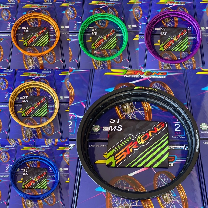 วงล้อ เอสสตอง (Sstrong) ขอบเรียบ 1.4และ1.2ขอบ17 มี7 สีให้เลือก 1คุ่เท่ากับ2 ข้าง ‼️แถมเสื้อ1ตัว‼️พร้อมสติกเกอร์