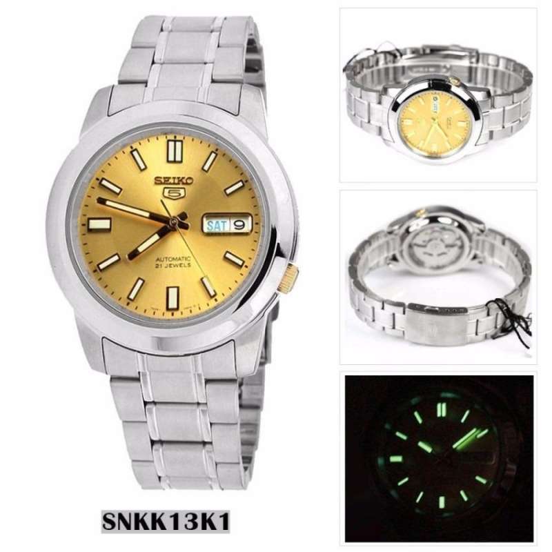 SEIKO 5 Automatic รุ่น SNKK13K1 นาฬิกาข้อมือผู้ชาย สีเงินหน้าทอง สายแสตนเลส สินค้าของแท้ ประกันศูนย์ ไซโก้ไทย 1 ปี