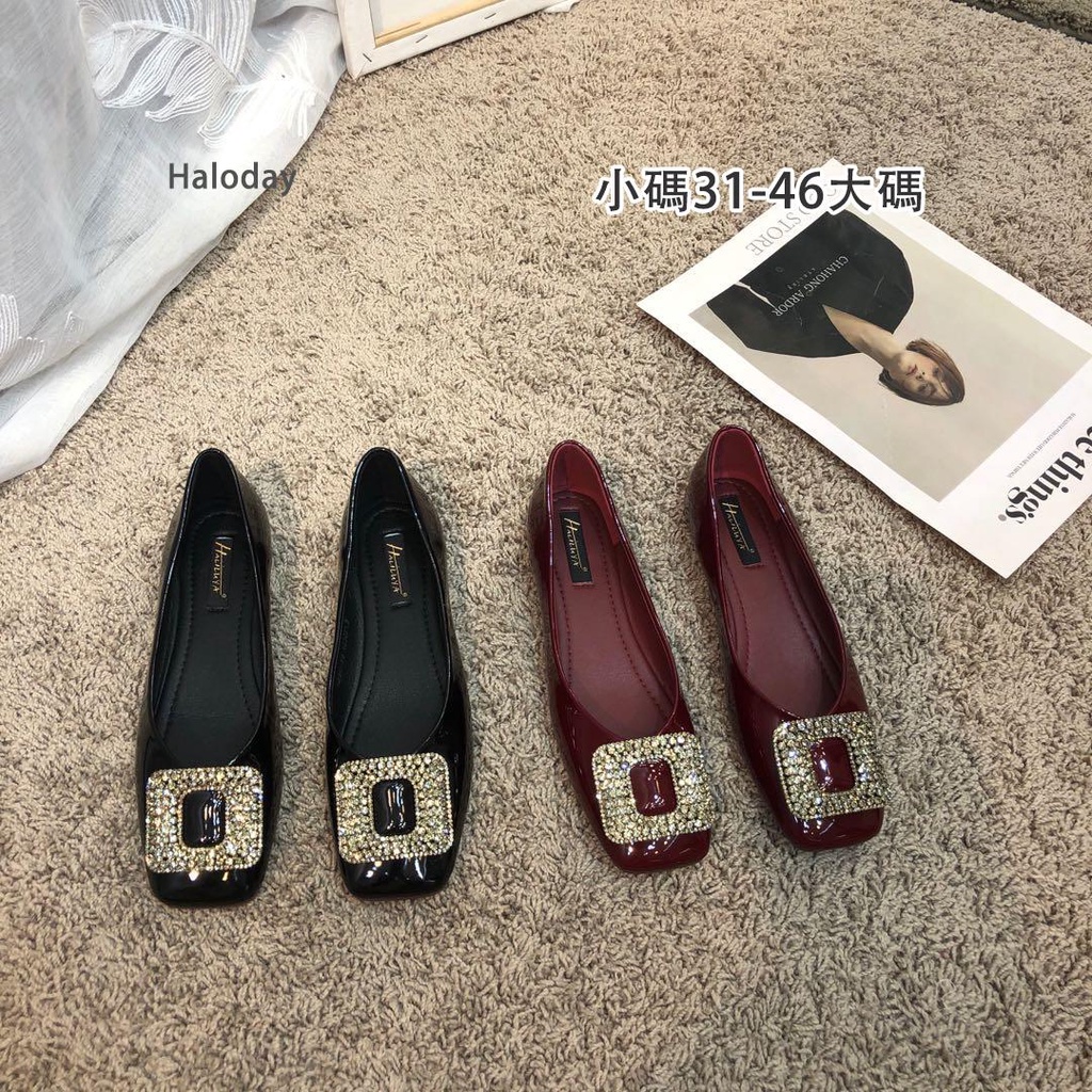 ขนาดใหญ่ (31-46) สีแดงรองเท้าเดียวผู้หญิงสแควร์นิ้วเท้าสิทธิบัตรหนัง พลอยเทียม สไตล์เกาหลีทุกการแข่งขันรองเท้าแบนขนาดใหญ่45ตักรองเท้าขนาดใหญ่46 45 44 43สบายพนักงานออฟฟิศเจ้