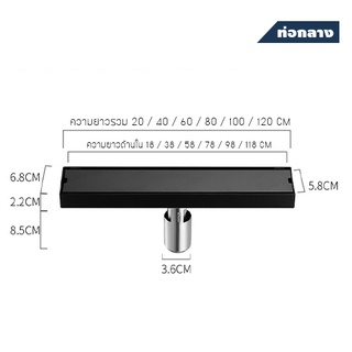 รางระบายน้ำ ท่อตรงกลาง สแตนเลส304 กันกลิ่นกันแมลง 2in1 ปูกระเบื้องบนฝาท่อได้ แกนน้ำลึก+ตื้น (ชุบสีดำ)