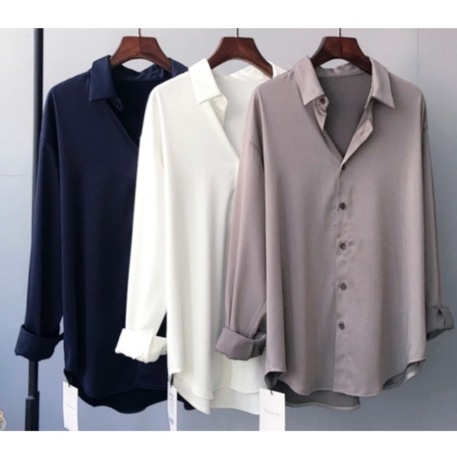 เสื้อผ้าแฟชั่นผู้หญิงคอปก สีพื้น แขนยาว ผ้าไหมอิตาลี