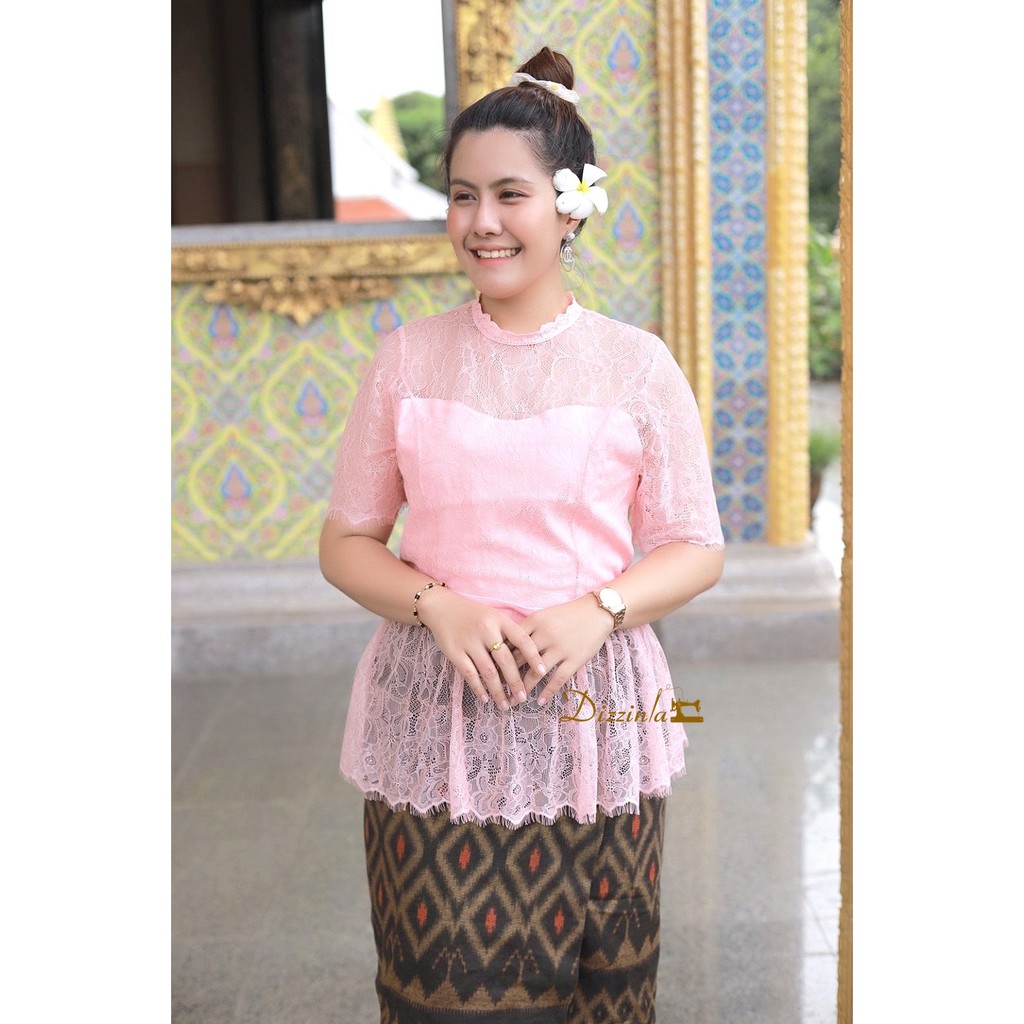 S36 - เสื้อลูกไม้แขนสั้นสีโอรส