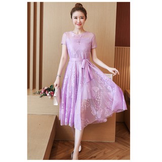 DL-0033-3 เดรส กระโปรงยาวปานกลาง สไตล์เกาหลี คอกลม ผ้าลูกไม้ลายผีเสื้อดอกไม้ ซิปหลัง น่ารักมาก สีม่วง