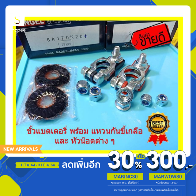 ชุดขั้วแบตเตอรี่สีเงิน ขั้วใหญ่  พร้อมแหวนกันขี้เกลือ และ หัวน๊อตติดแหวน Silver battery terminal เน้นชำระเงินปลายทาง