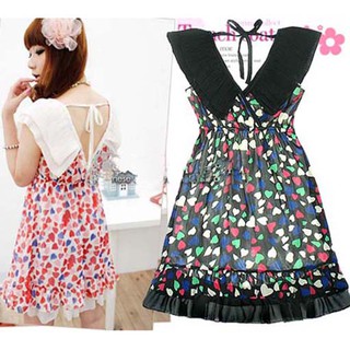 ชุดเดรสแฟชั่นเกาหลี แขนกุด สีดำขาว พิมพ์ลายหัวใจ dress e141 ชีฟอง
