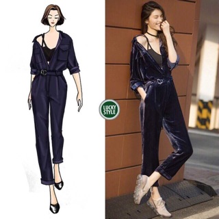 Jumpsuit ชุดหมีกำมะหยี่สีกรม ภายใต้แบรนดังต่างประเทศ ดีเทลเนื้อผ้ากำมะหยี่ สีเข้ม เนื้อผ้าไม่หนาไม่บางไม่แข็ง สวมใส่สบาย