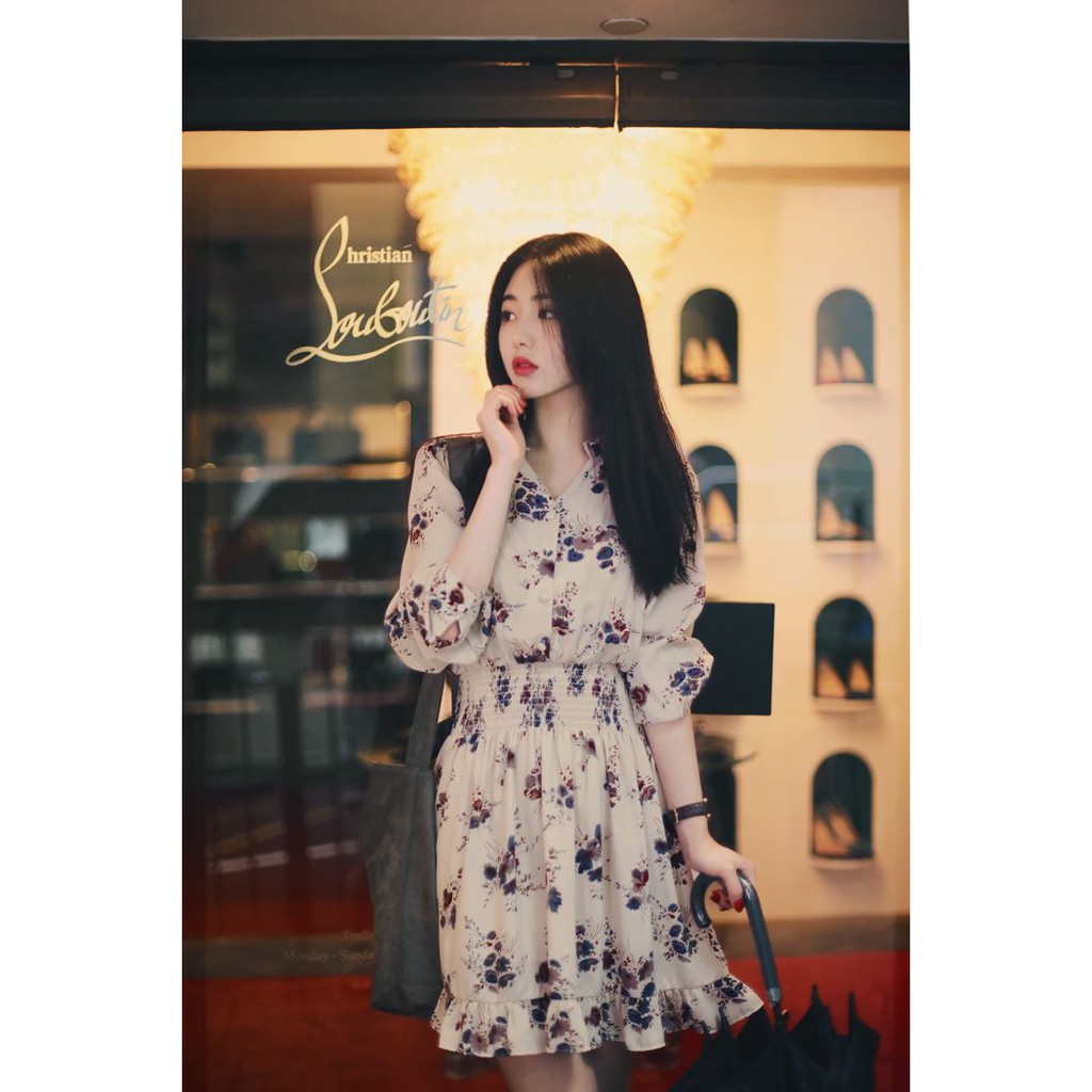 เดรสยาว ชุดเดรสสั้น เอวจั๊ม ลายดอกไม้ รุ่น