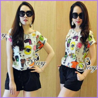 Summer Calling Short Bat Sleeve Cartoon Printing Playsuit