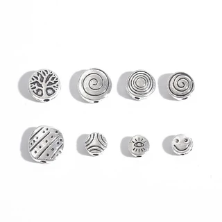 ลูกปัดโลหะทรงกลมแบนลายลาย สีเงิน สำหรับ DIY งานเครื่องประดับทำสร้อยข้อมือและสร้อยคอ