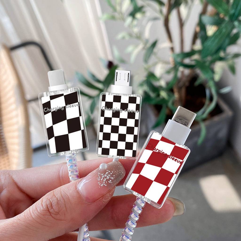 ใหม่ เคส TPU นิ่ม แบบใส ลายดอกไม้ ตารางหมากรุก แฟชั่น สําหรับสายชาร์จ Android