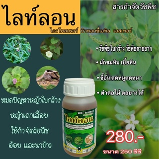 ไลท์ลอน ขนาด 250 ซีซี เป็นสารกำจัดวัชพืชประเภทใบกว้าง วัชพืชตายยาก ขี้อ้น เบี้ยหิน ตดหมูตดหมา และใช้ฆ่าตอไม้ ตอยางได้