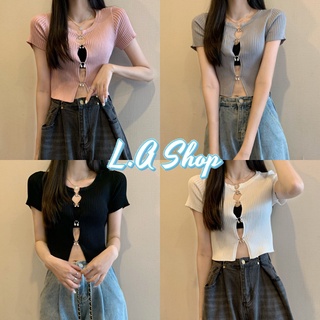 L.A Shop ​พร้อมส่ง เสื้อไหมพรมคอกลม แขนสั้นผ้าร่องเว้าหน้าอกดีเทลเกี่ยวเสื้อ "37016-1"