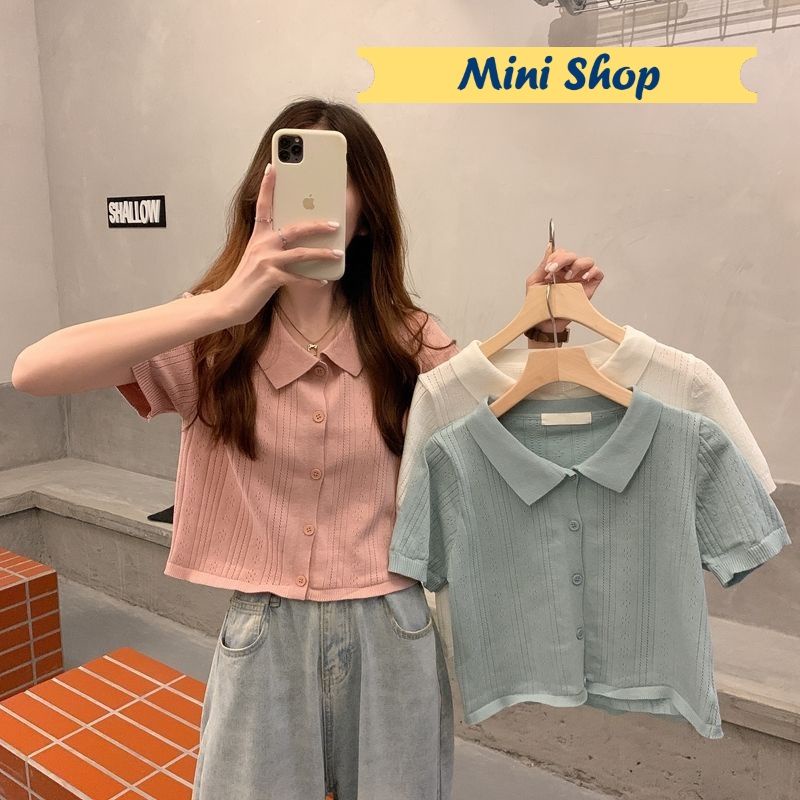 Mini 🌸พร้อมส่ง🌸เสื้อไหมพรมคอปกแขนสั้น สไตล์เกาหลีน่ารักมาก (9169)
