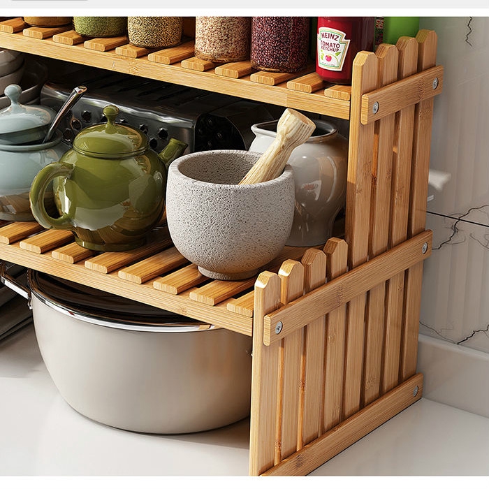 Bamboo Rack Organizer Kitchen Spice Rack Condiments Organizer 2-Tier ...
