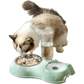 พร้อมส่ง⌛ชามอาหารสัตว์แบบคู่ มีขวดน้ำสำหรับเติมอัตโนมัติ ชุดให้อาหารสัตว์ รุ่น PET-FEED03