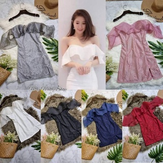 minidressเดรสผ้าลูกไม้ระบายไหล่ผ้าแก้ว(ราคาส่ง6ตัว180บาท/ตัว)