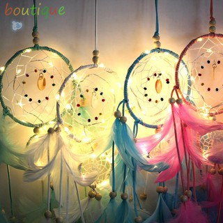 bou ตาข่ายดักฝันแต่งขนนก พร้อมไฟ Led สําหรับแขวนตกแต่งห้องนอน