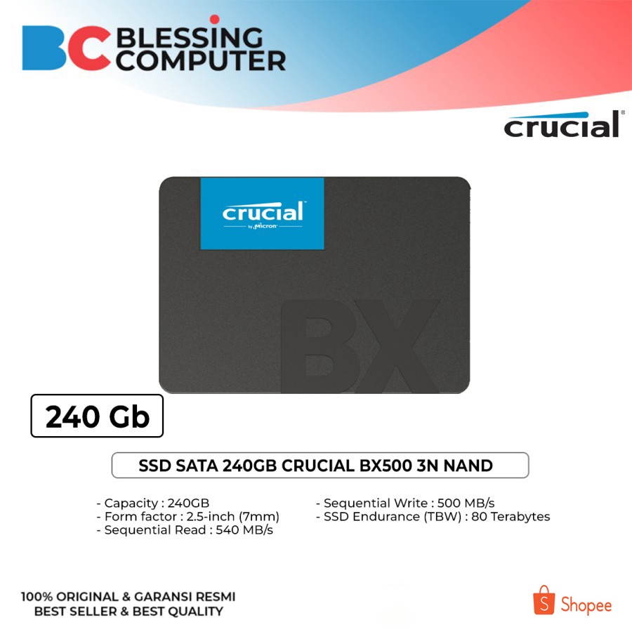 Ssd SATA 240GB CRUCIAL BX500 3N NAND CT240BX500SSD1