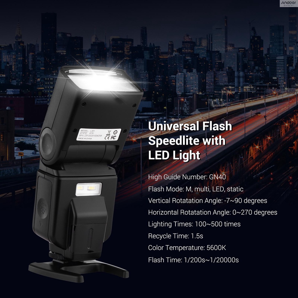 Andoer แฟลช Speedlite GN40 LED ปรับได้ พร้อมแบร็คเก็ต แบบเปลี่ยน สําหรับกล้อง Canon Nikon Olympus Pentax DSLR