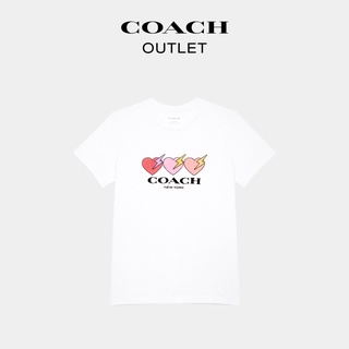 พร้อมส่ง COACH เสื้อยืดลําลอง ผ้าฝ้าย พิมพ์ลายหัวใจ สามแฉก สําหรับสตรี