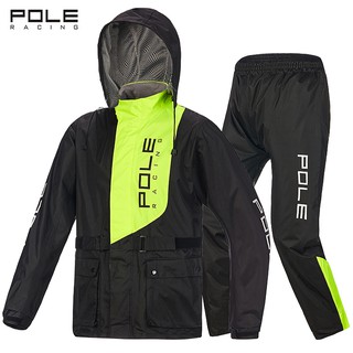 เสื้อกันฝน pole racing สีเขียว สวมทับเสื้อการ์ดได้เลยผ้าอย่างดีกันฝนได้100% พร้อมถุงพับเก็บ