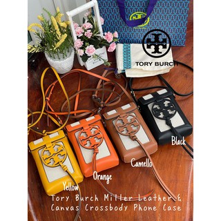 Tory Burch Miller Leather &amp; Canvas Crossbody Phone Case กระเป๋าใส่โทรศัพท์ มือถือ บัตร ของแท้