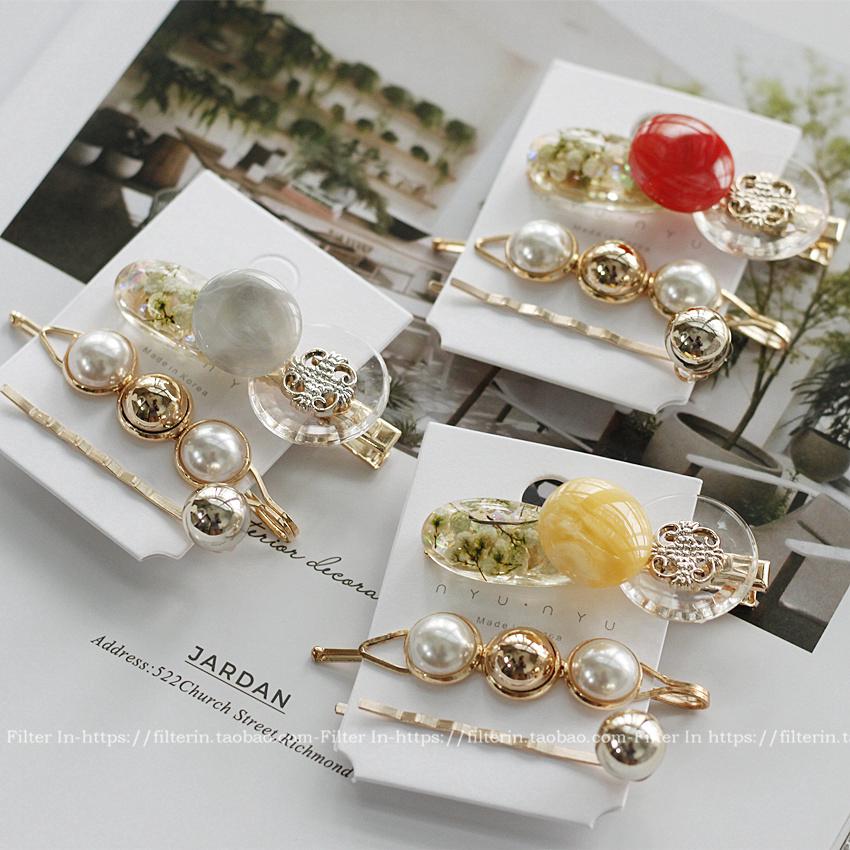 Japanese ins starry dry flower resin gemstone hairpin girl heart pearl hairpin suit