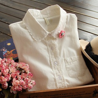 dressuphouse รหัส 198 เสื้อแฟชั่น ผ้าฝ้าย คอปก แขนยาว แต่งลูกไม้ สีขาว