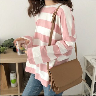 【sssuper solo】Women Korean Fashion Stripe Long Sleeve T-shirts Student Loose Blouse