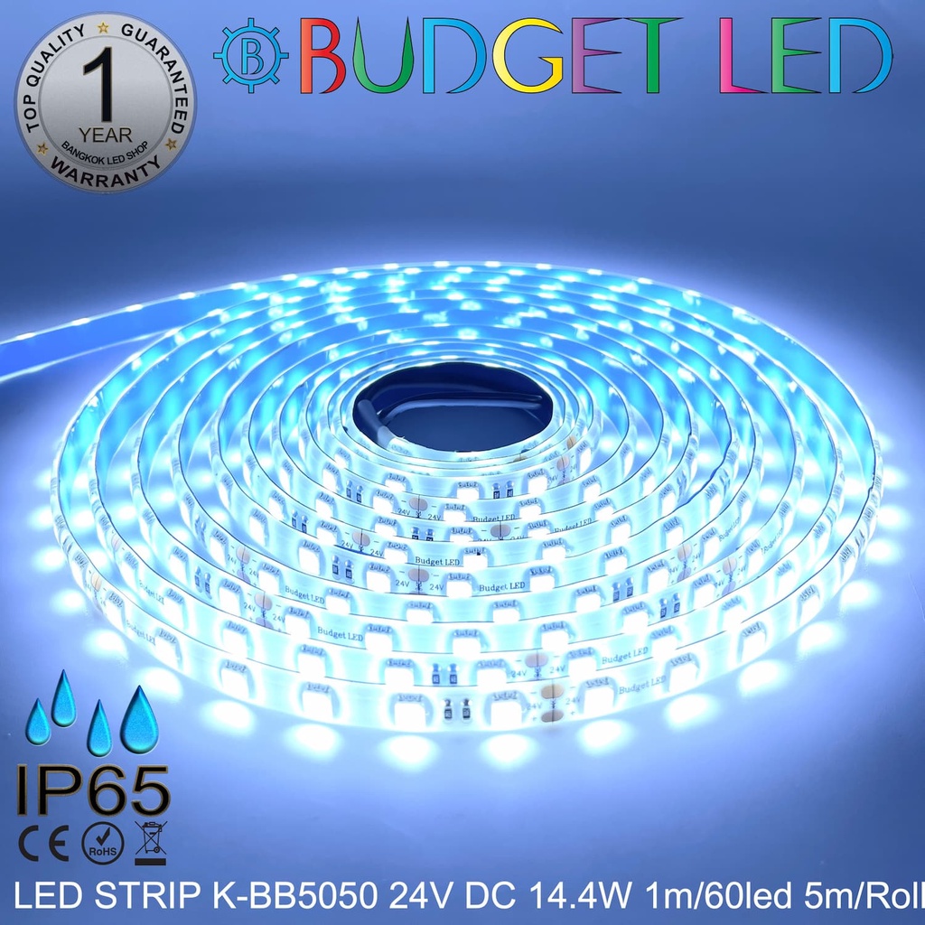 LED STRIP K-BB5050-9000K DC-24V 14.4W/1M IP65 ยี่ห้อBUDGET LED แอลอีดีไฟเส้นสำหรับตกแต่ง 300LED/5M 72W/5M Grade B