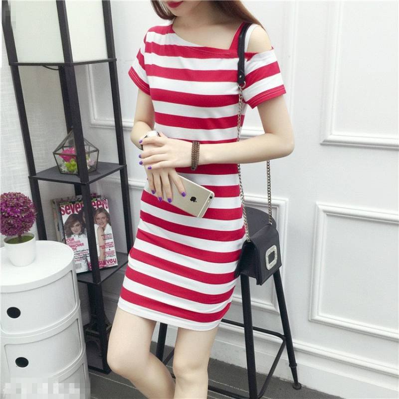 TG-รุ่น316 ฤดูร้อนลายลิ้วผู้หญิงแขนสั้นคอเดียวแฟชั่นเซ็กซี่เสื้อชุดเดรสยาวปานกลางสลิมมิ่งเสื้อยืดผู้