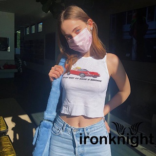 Ironknight- เสื้อกล้าม คอกลม แขนกุด พิมพ์ลายตัวอักษรรถยนต์ แฟชั่นฤดูร้อน สําหรับผู้หญิง