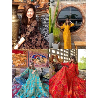 02 Maxi dress ลายดอก​สวยมาก​ คอวีทรงแขนฟันทอง ด้านหลังเดินยางมีเชือกผูกเอว