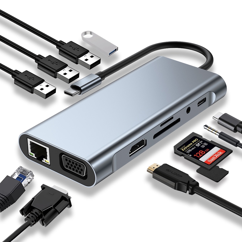 AUREK 11in1 การ์ดรีดเดอร์อะแดปเตอร์ Usb C Hub Type C แปลง Multi Usb 3.0 Hdmi PD3.5 มม.VGA, RJ45 NO.H