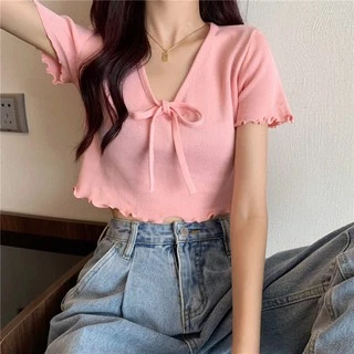 Korean 🍓 เสื้อไหมพรมผูกโบ 🍓 แขนระบายชายระบาย ไหมพรมเนื้อดี น่ารักวัยใสๆ 7516