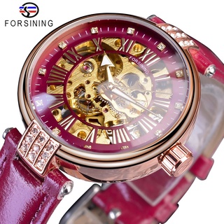 Forsining Lady Automatic Mechanical Wristwatch Top Brand Luxury Diamond Fashion Golden Skeleton Clock Women Red Leather