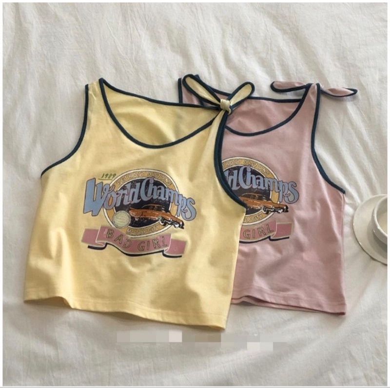 พร้อมส่ง เสื้อยืดแขนกุดสไตล์เกาหลีดีเทลผูกโบว์ไหล่